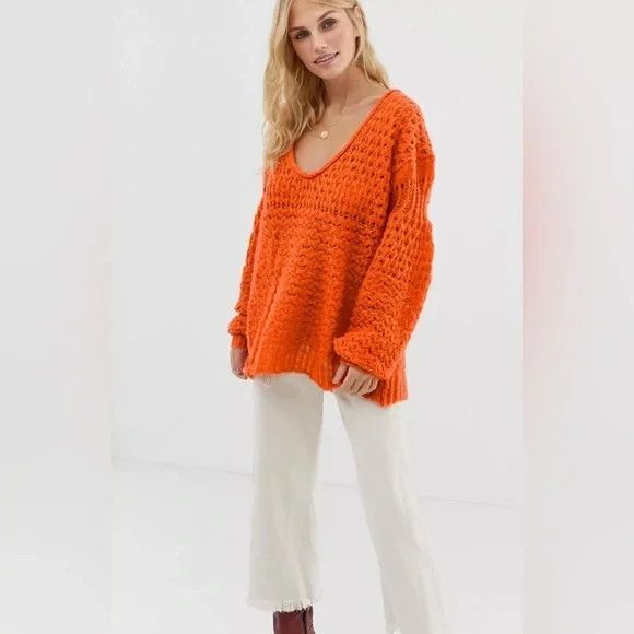 Free People Crashing Waves Pullover Chunky Knit Sweater Orange L - Picture 4 of 11